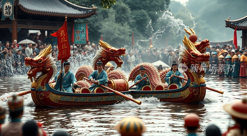 龙舟竞渡群龙戏水观众围观