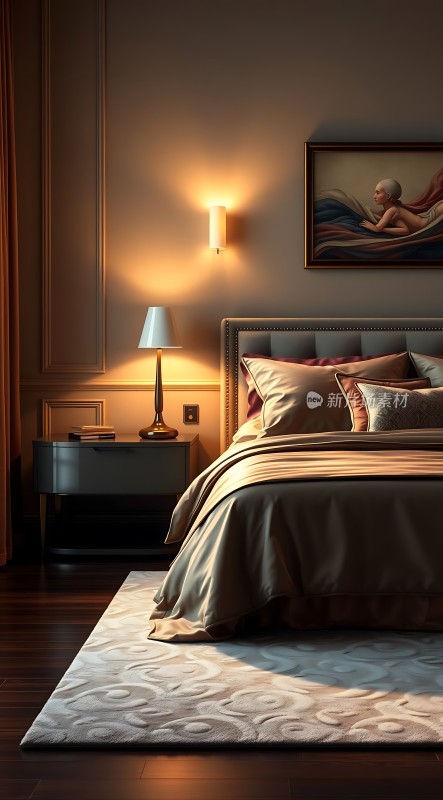 温馨卧室舒适床铺与柔和灯光营造宁静氛围