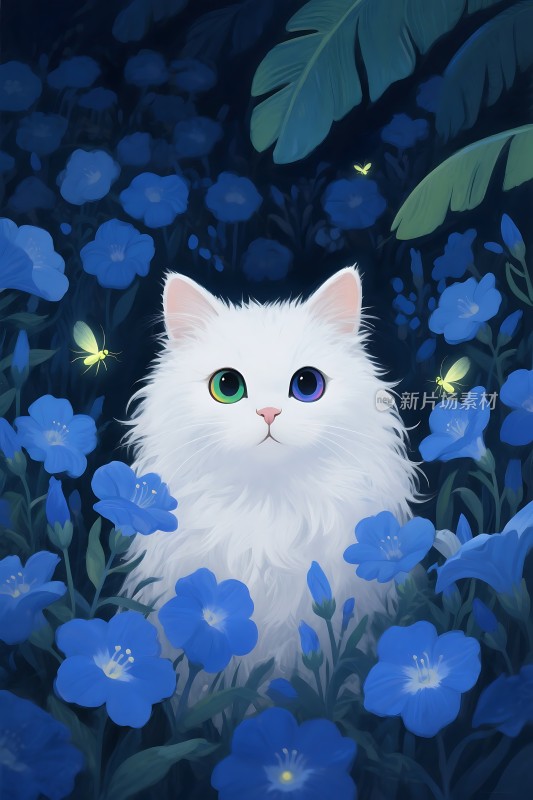 白猫蓝花夜色中