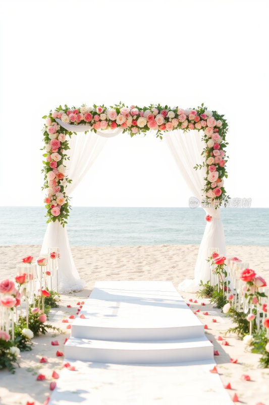 海滩上有鲜花和白色垂坠的拱门高清图片