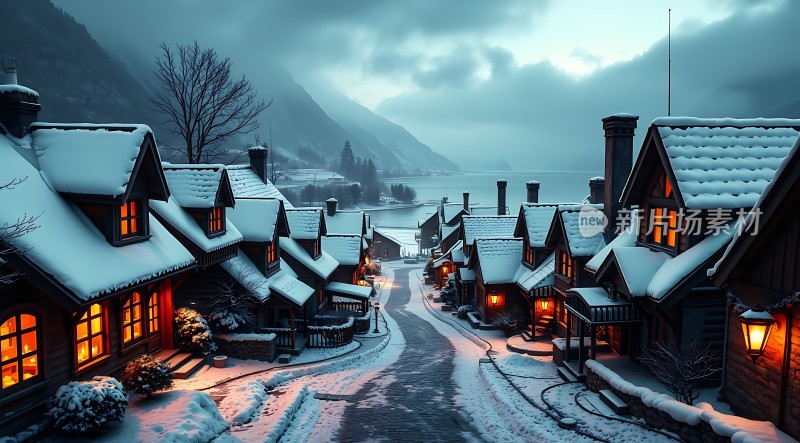 雪夜村庄温馨灯光映照宁静小路