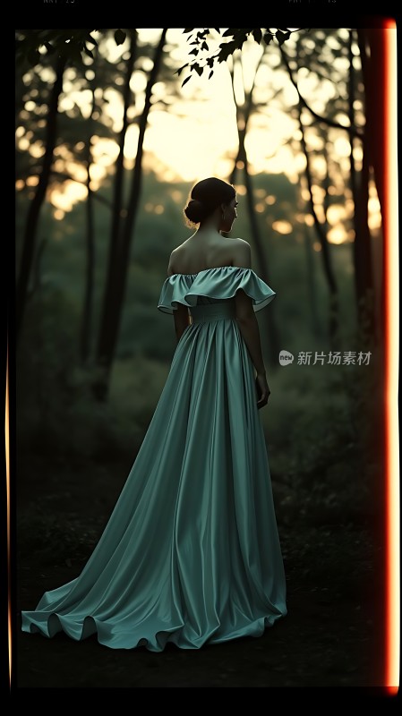 绿裙佳人林间漫步夕阳余晖映照下的优雅身影