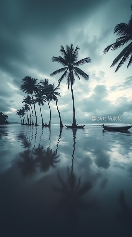 椰林倒影映碧波