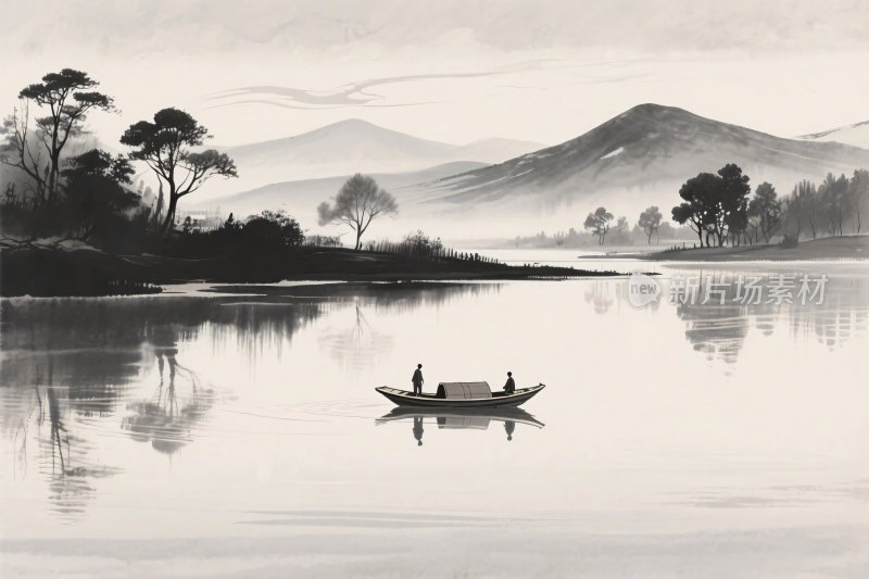 水墨山水船景插画
