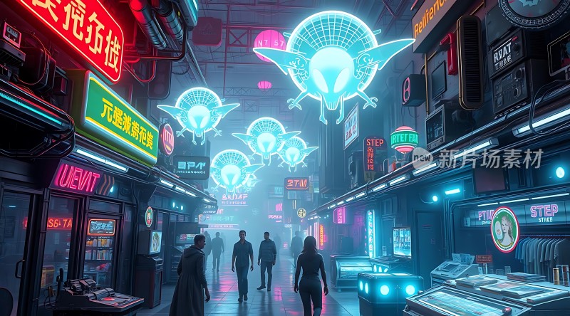 霓虹灯下的未来都市风情街