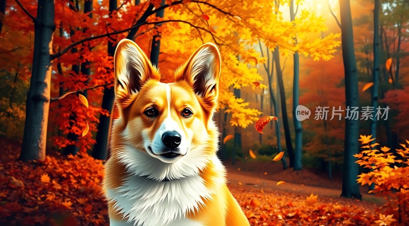 秋日森林中的柯基犬