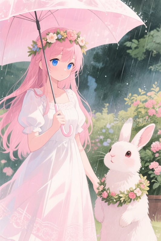 粉色长发女孩与白兔撑伞