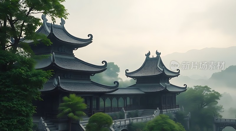 古风建筑群云雾缭绕绿树环绕意境深远