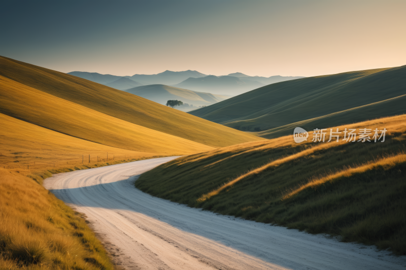 土路蜿蜒穿过一片草地群山环抱高清风景图片