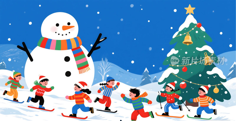 冬日雪景滑雪儿童欢乐插画