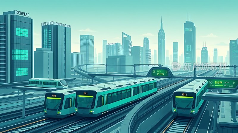 未来城市列车穿梭高楼之间