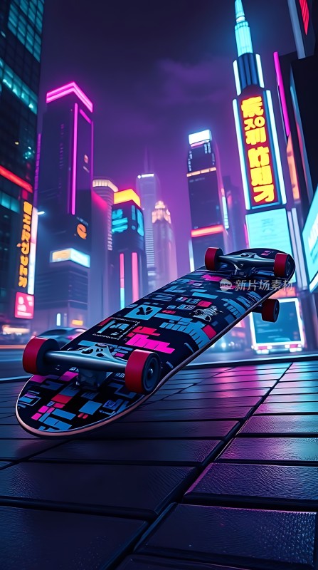 霓虹城市滑板夜色下的青春活力