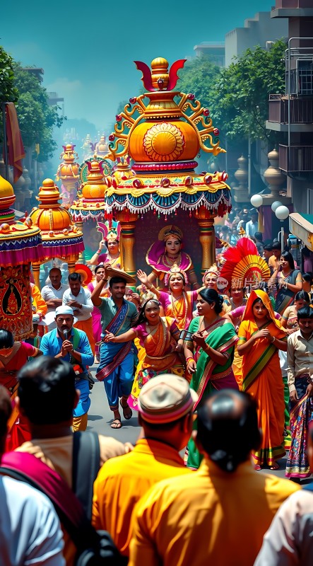 印度街头节日庆典色彩斑斓的游行队伍