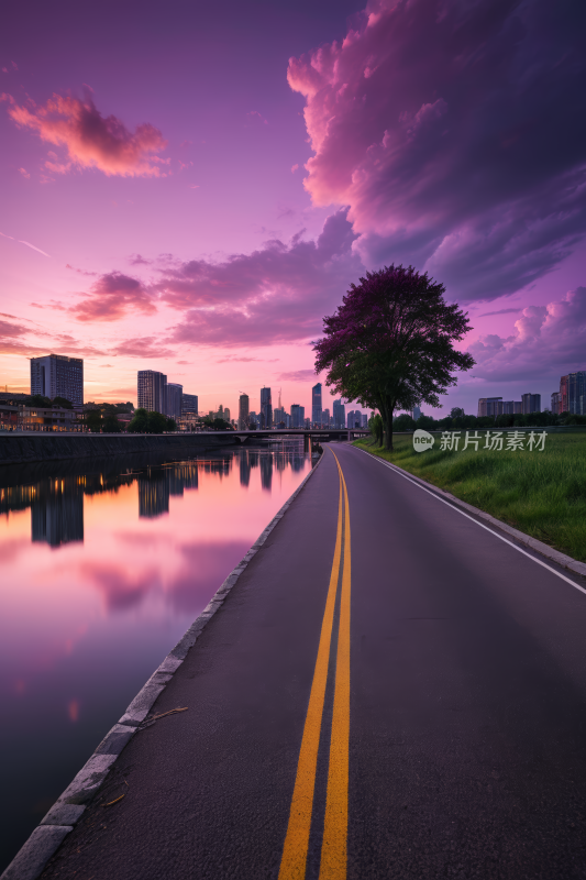 道路中间一棵树和一条河高清风景图片