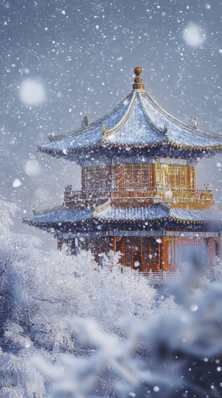 冬季雪中的中式古建筑微缩