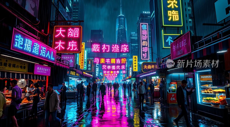 霓虹灯下的繁华夜市
