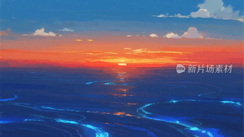 唯美海上日落插画