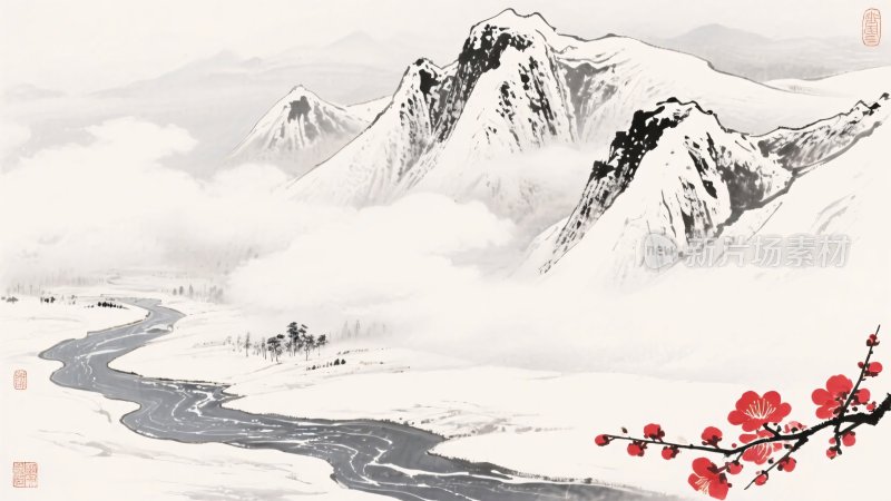 水墨山水红梅图
