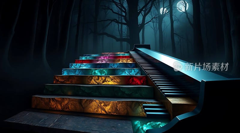 神秘森林中的彩色钢琴阶梯