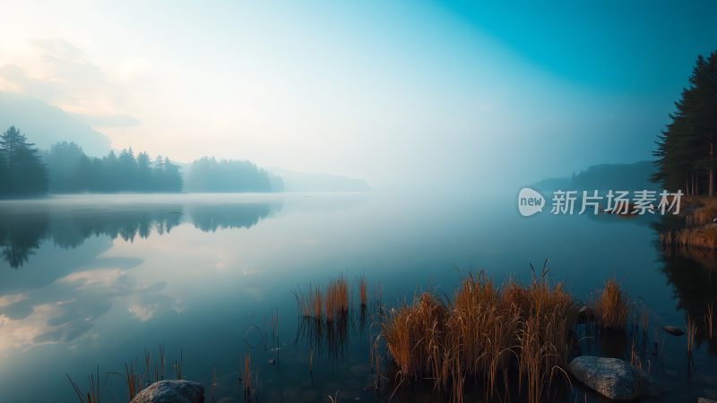 晨曦映照下的静谧湖面