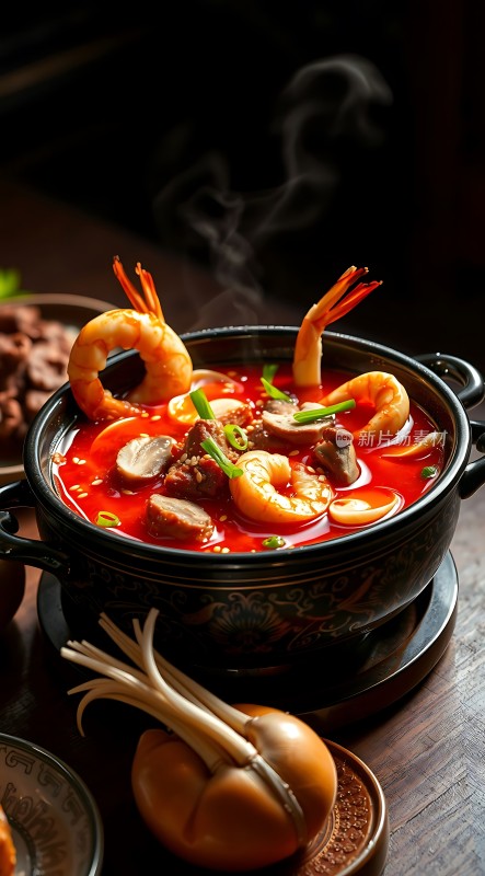香辣海鲜火锅鲜虾、蘑菇与肉片在红汤中沸腾香气四溢令人垂涎欲滴！