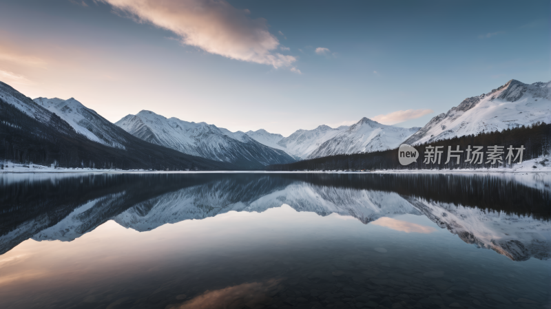 山倒映在天空背景的湖泊中风景图片