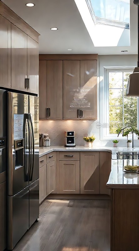 阳光洒满的现代厨房木质橱柜与不锈钢冰箱相映成趣