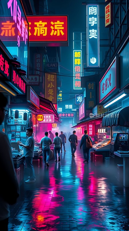 霓虹灯下的繁华夜市