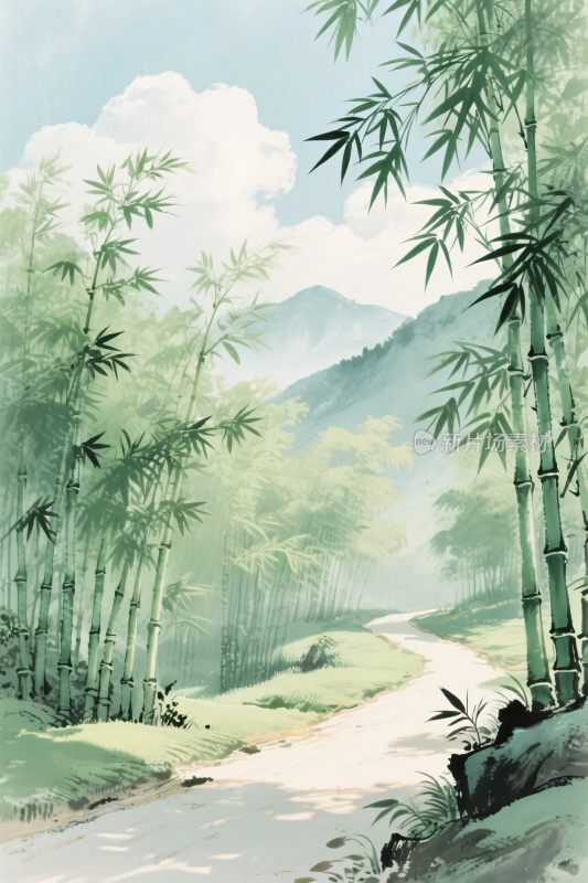 山水竹林风景插画