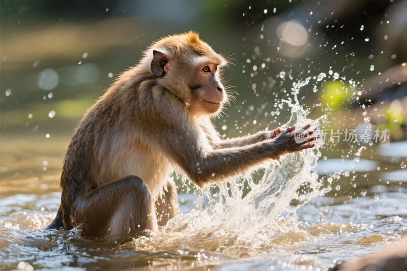 猴子戏水溅水花