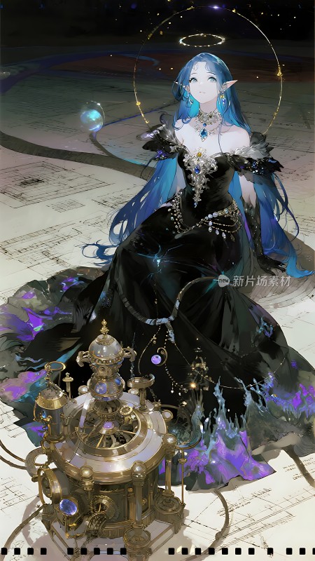 蓝色长发精灵与神秘装置