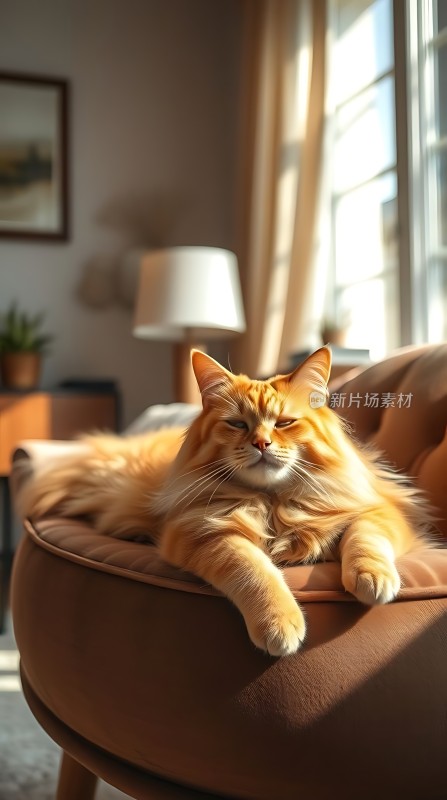 阳光下的橘猫慵懒趴在沙发上