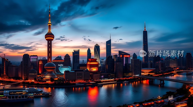 上海夜景黄浦江畔璀璨摩天大楼