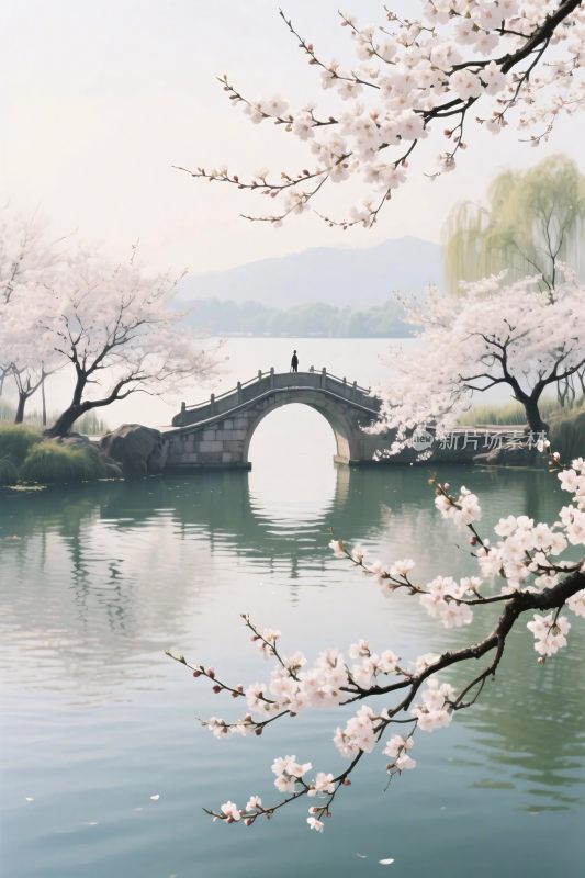 春日湖景拱桥樱花