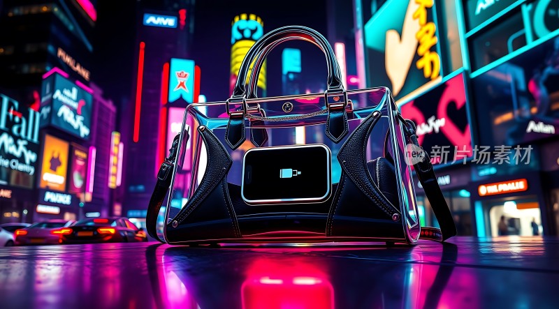 霓虹灯下的时尚手提包