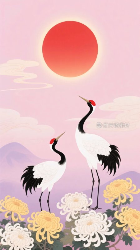 双鹤伴日菊花图
