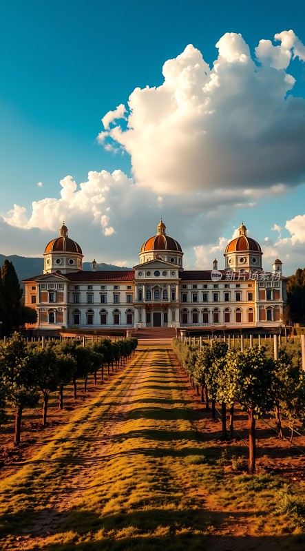 阳光下的宏伟宫殿与葡萄园