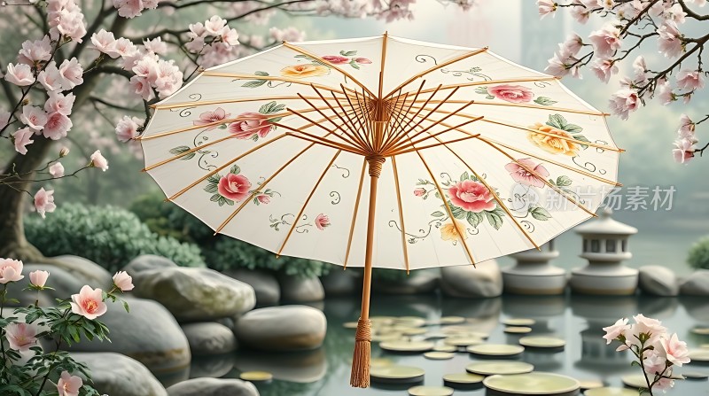 古风油纸伞下的春日美景