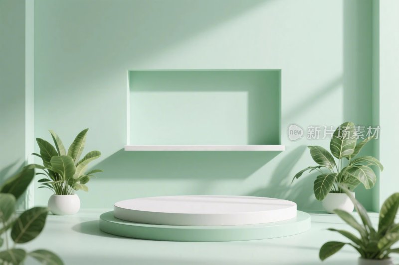 简约绿植装饰的室内展示台场景