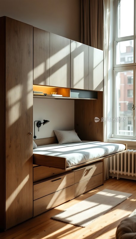 阳光洒满现代简约卧室木质家具与舒适床铺相得益彰