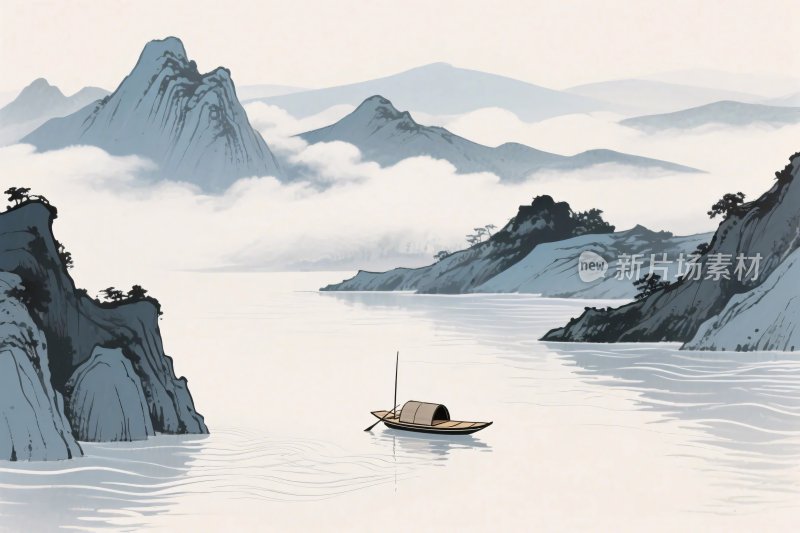 山水小船风景插画