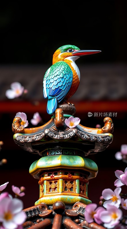 翠鸟栖息在华丽塔楼之上周围环绕着盛开的樱花