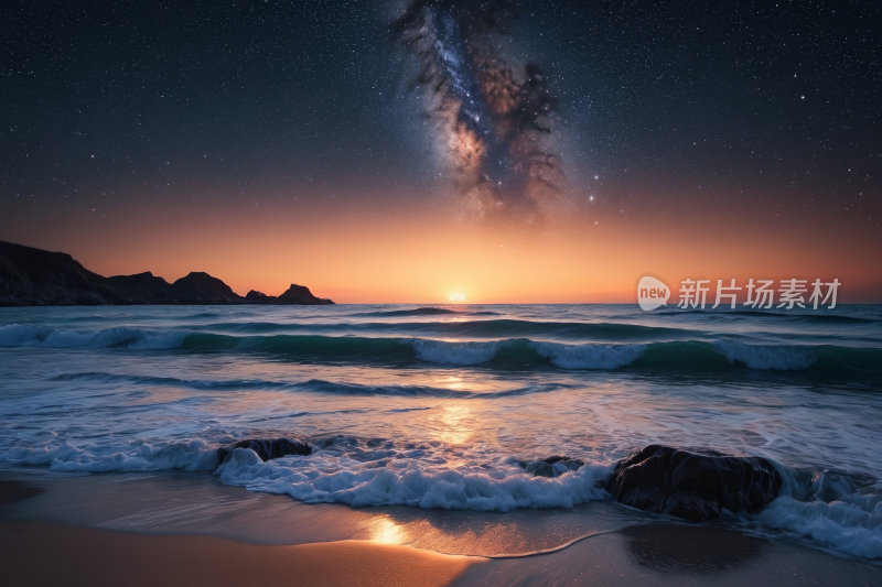 海洋上的星空和海浪的海滩高清风景图片