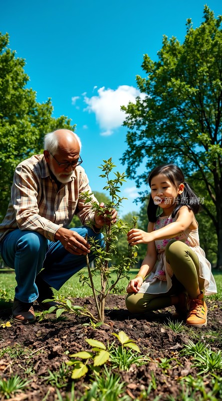 祖孙俩在公园里种树