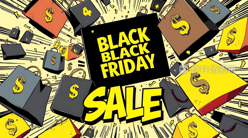 黑色星期五大促购物袋与美元符号环绕