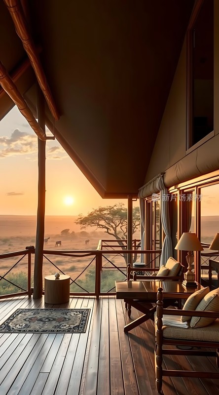 非洲草原日落下的豪华木屋露台