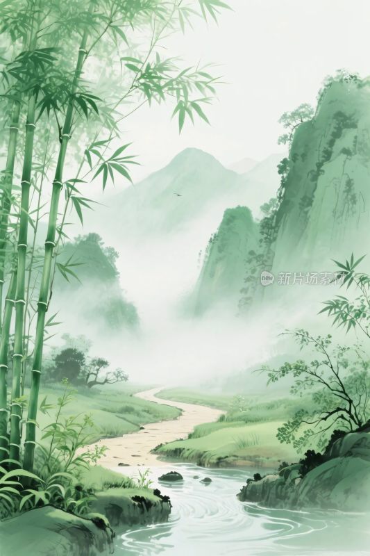 山水水墨风景插画
