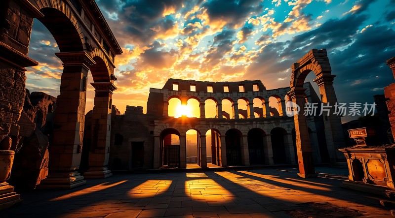 日落下的古老遗迹