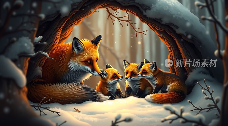 雪地里的狐狸一家
