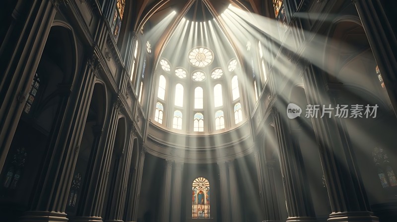 阳光洒满教堂内部彩色玻璃窗透出神秘光芒